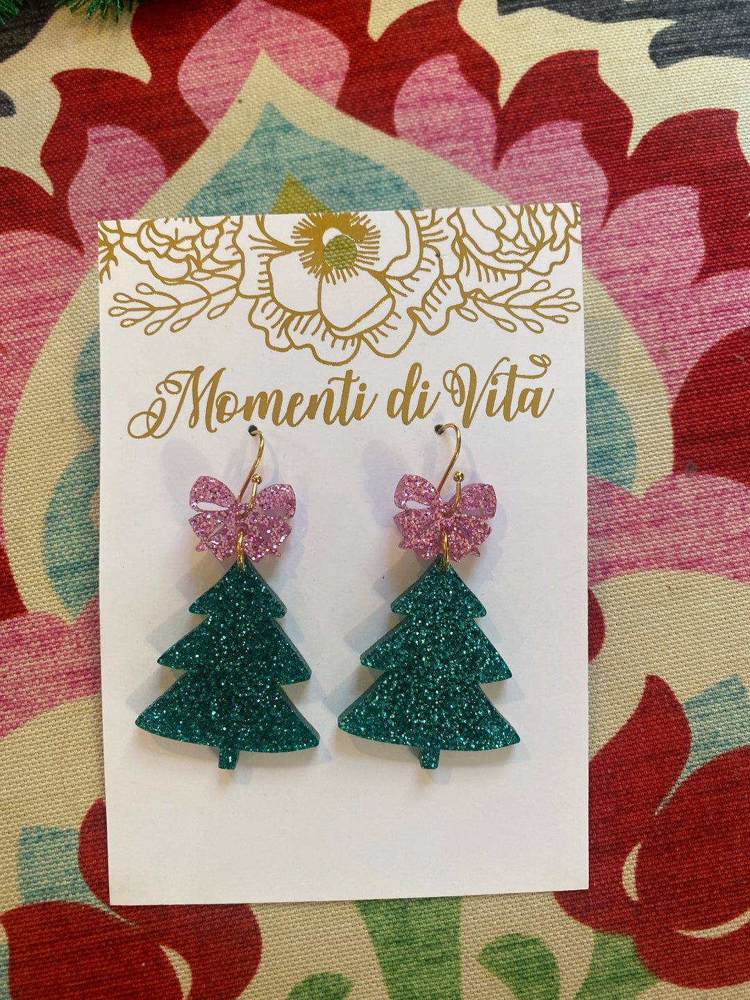 Pink and green Christmas tree earrings