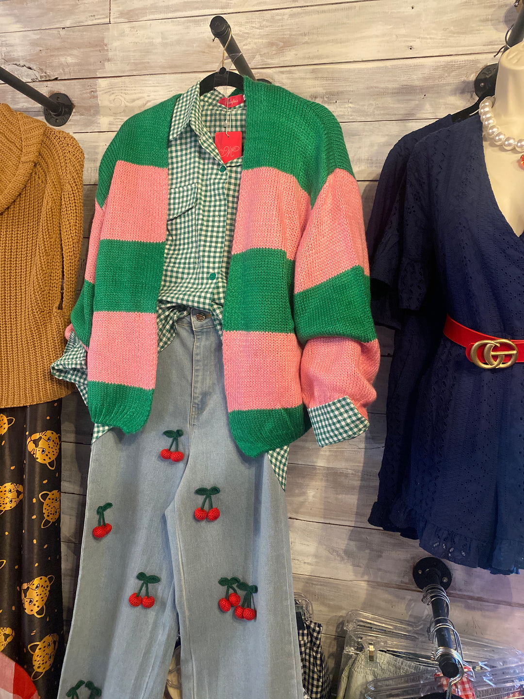 Pink and green striped cardigan