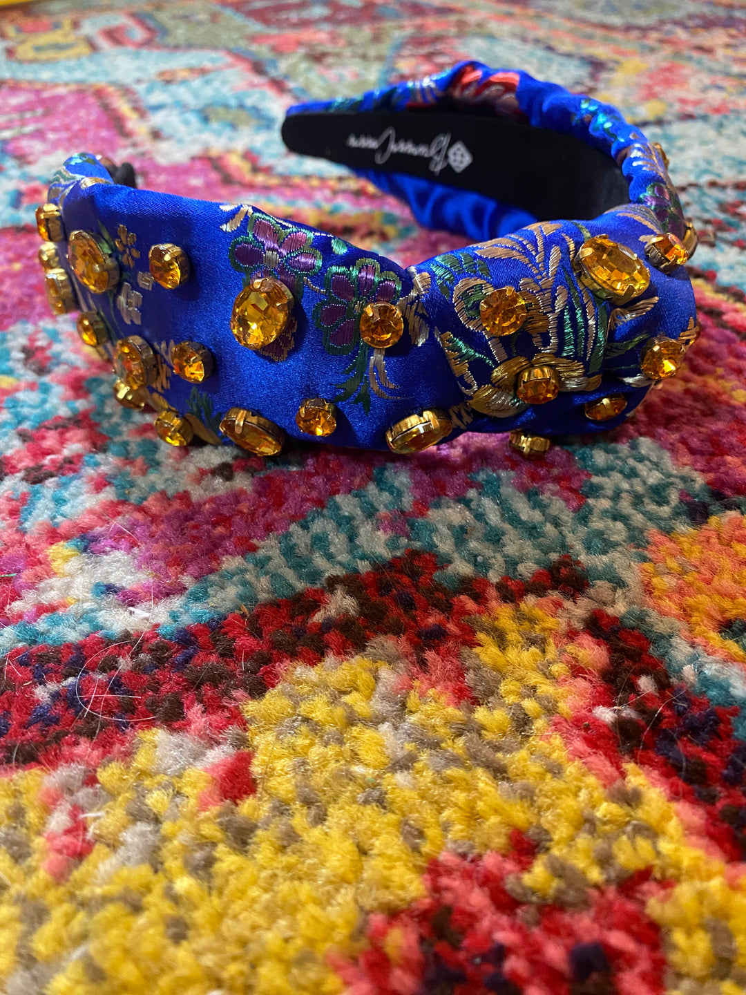 Brianna CannonHot pink floral silk headband with hand-sewn turquoise crystals