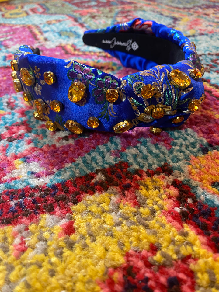 Brianna CannonHot pink floral silk headband with hand-sewn turquoise crystals