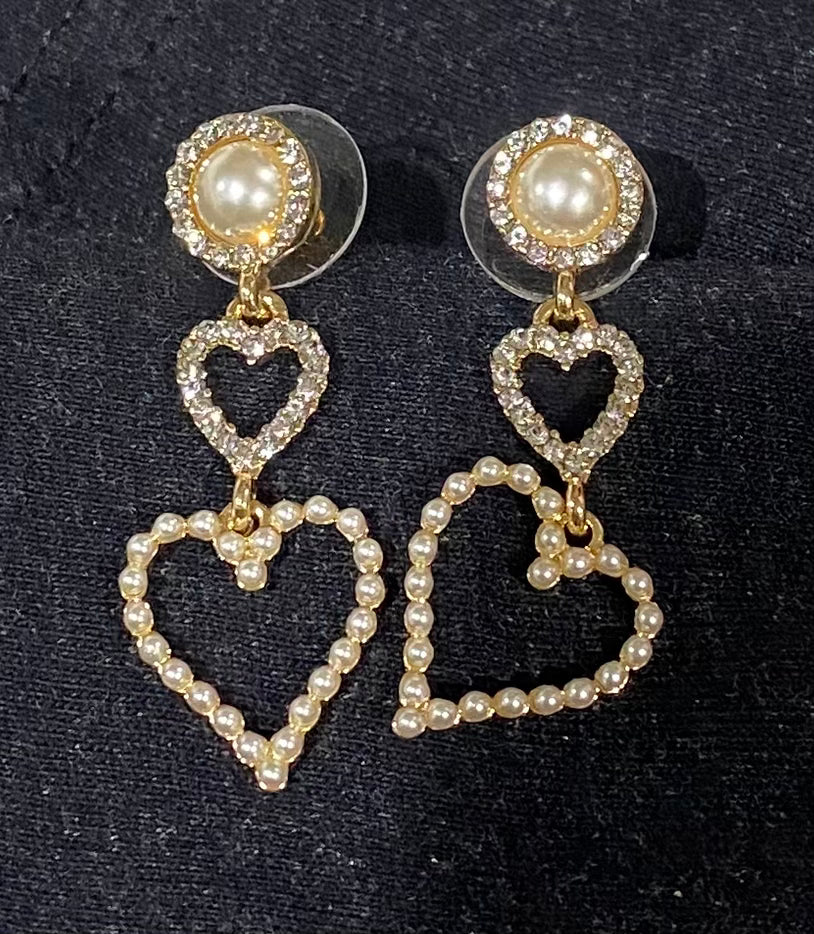 Double heart rhinestone and pearl earrings
