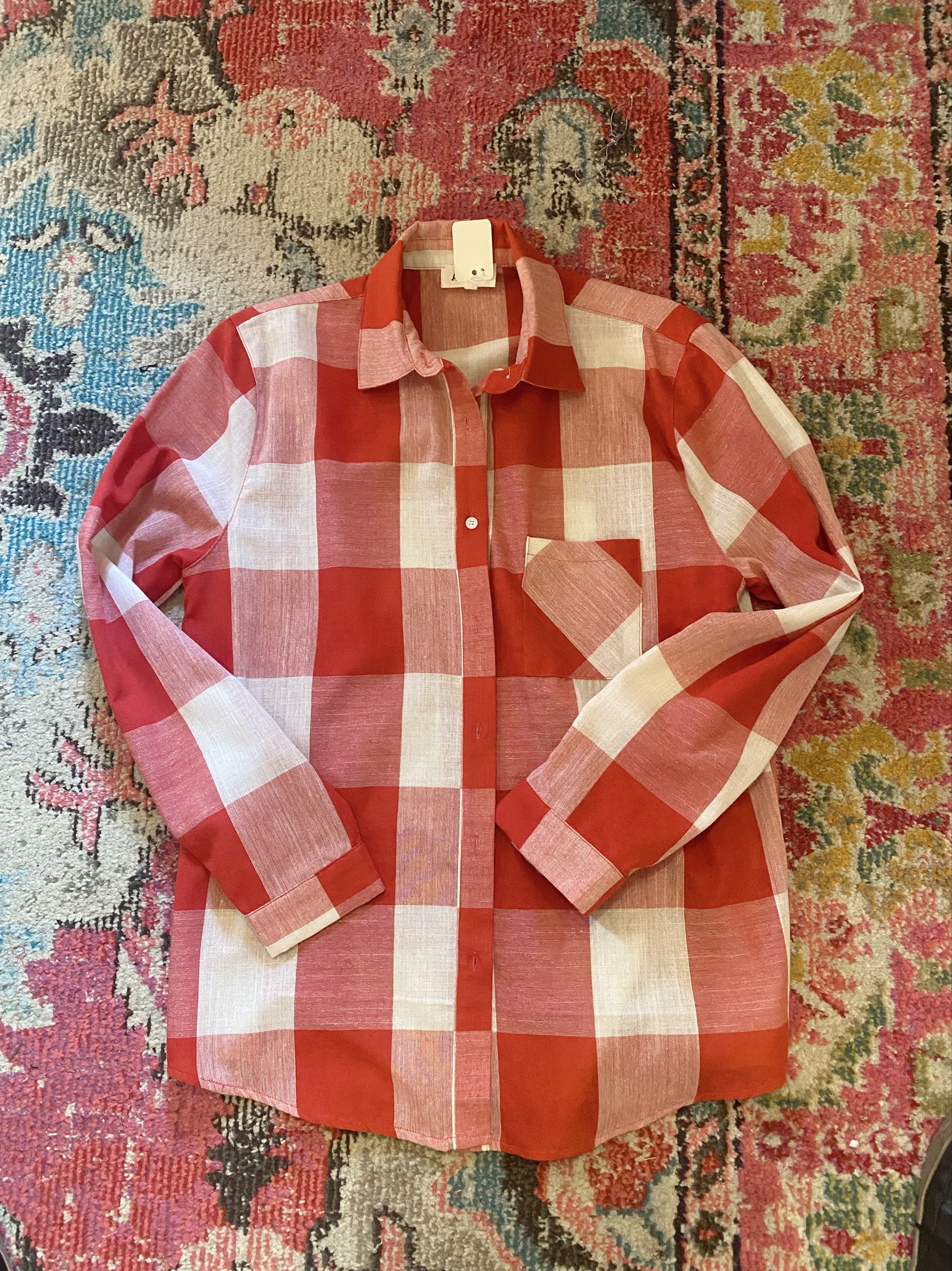 Red and white plaid button down shirt