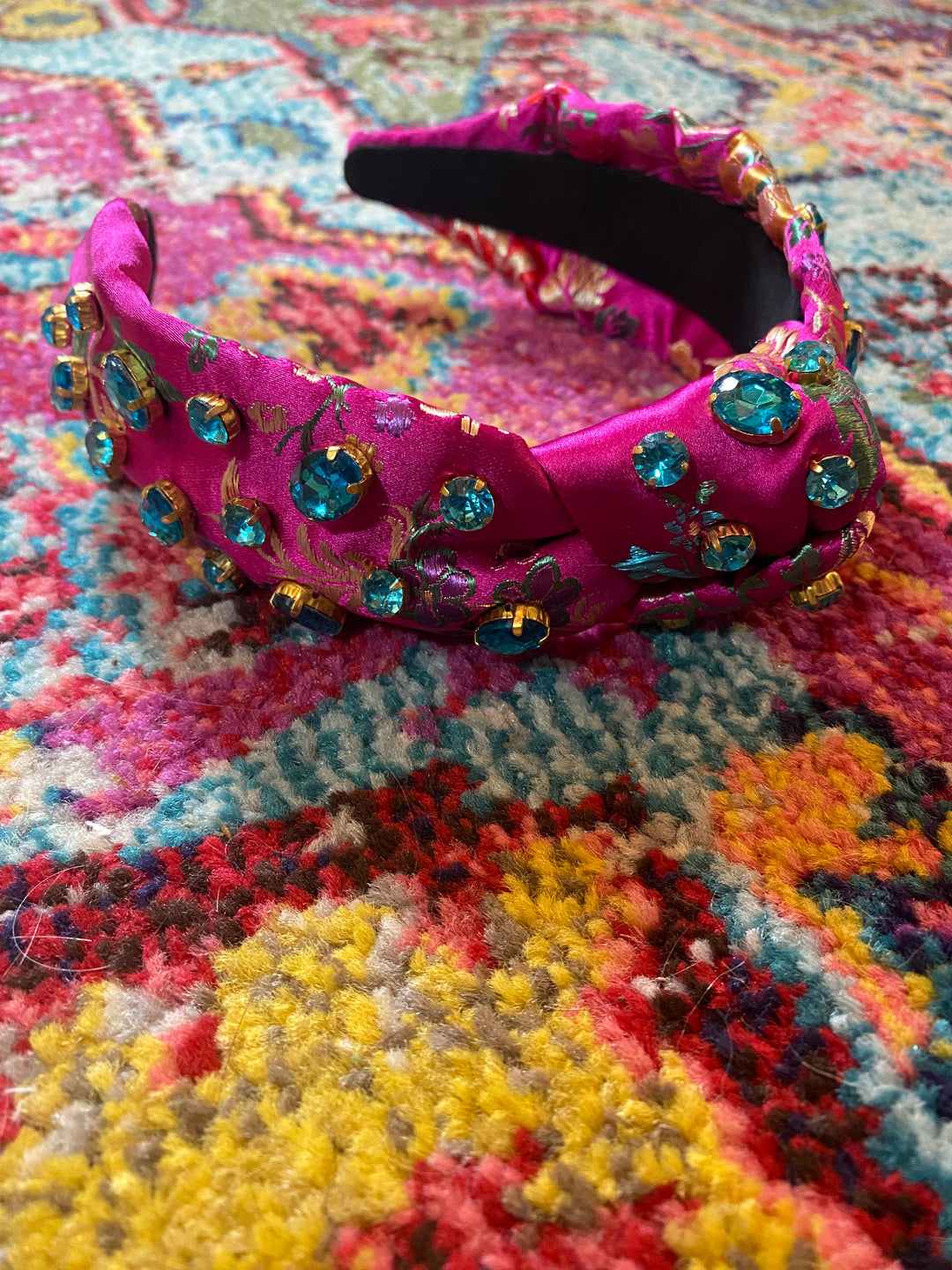 Brianna CannonHot pink floral silk headband with hand-sewn turquoise crystals
