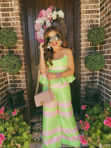 Green and pink wide leg pants