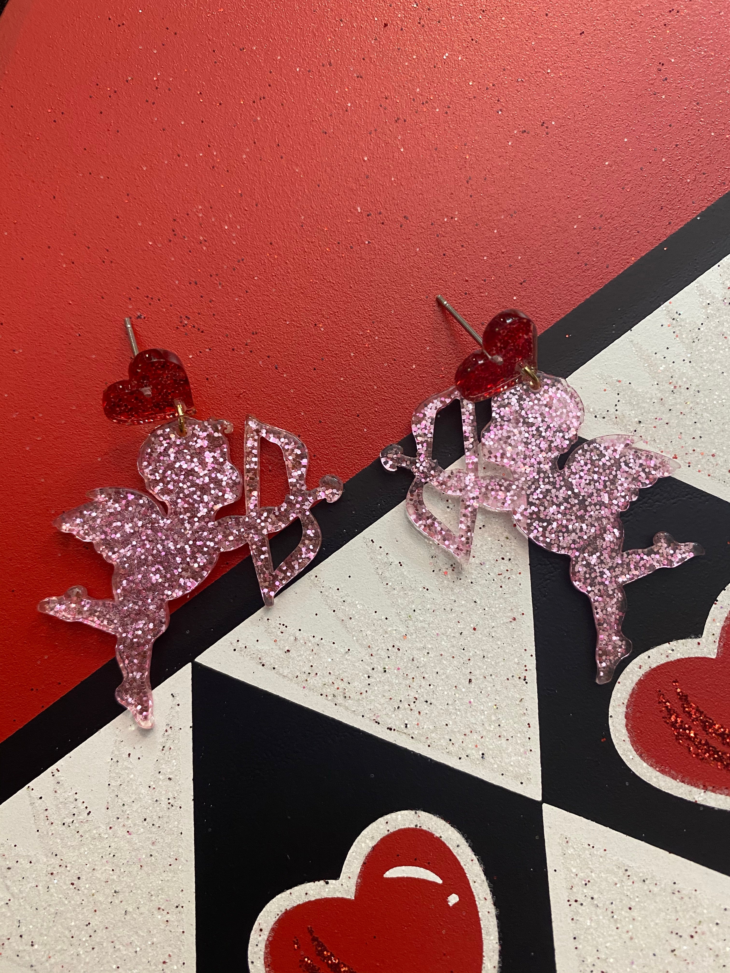 Pink Glitter Cupid earrings