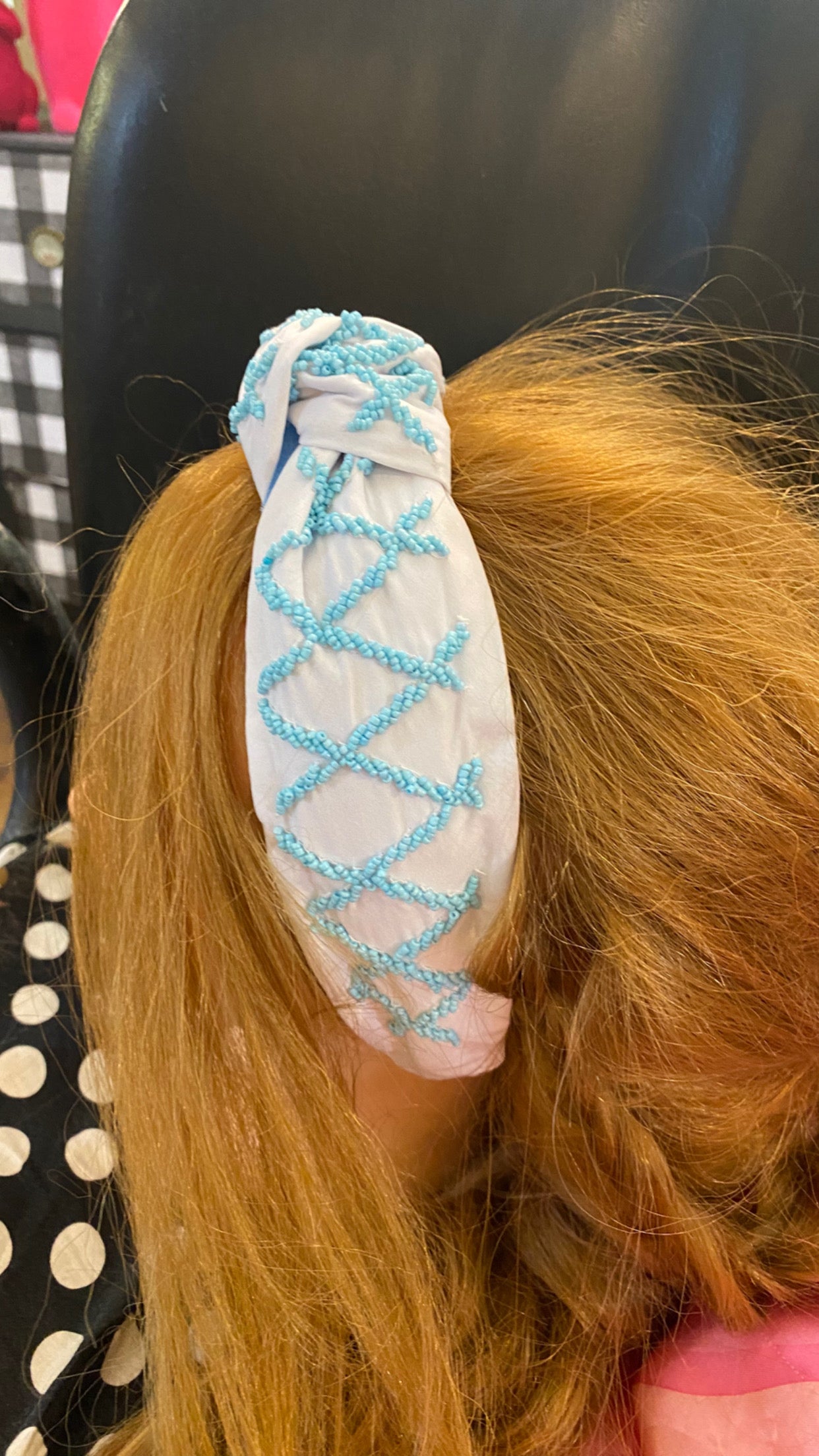 Blue beaded lattice headband